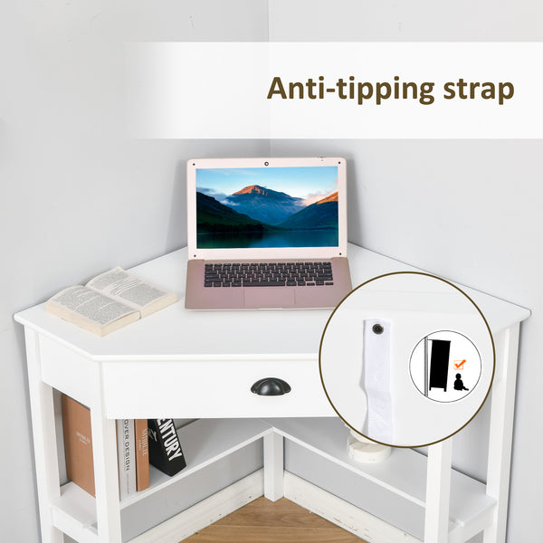 English Elm HOMCOM Triangle Corner Desk with Drawer & Shelves, Compact Space-Saving Home Office Workstation W2225P217262