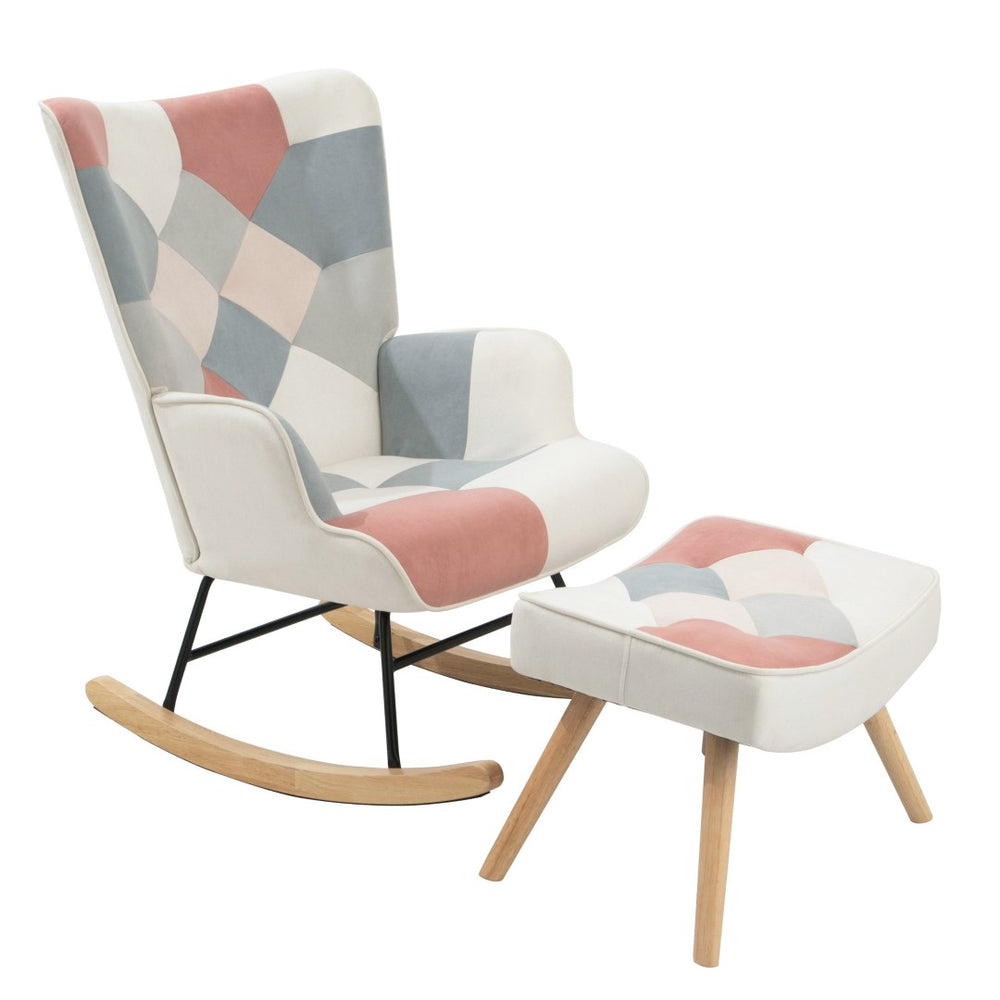 English Elm Rocking Chair With Ottoman - Mid-Century Patchwork Linen, Cozy Wood Legs For Living Room, Bedroom Use W561P175989-GIGA