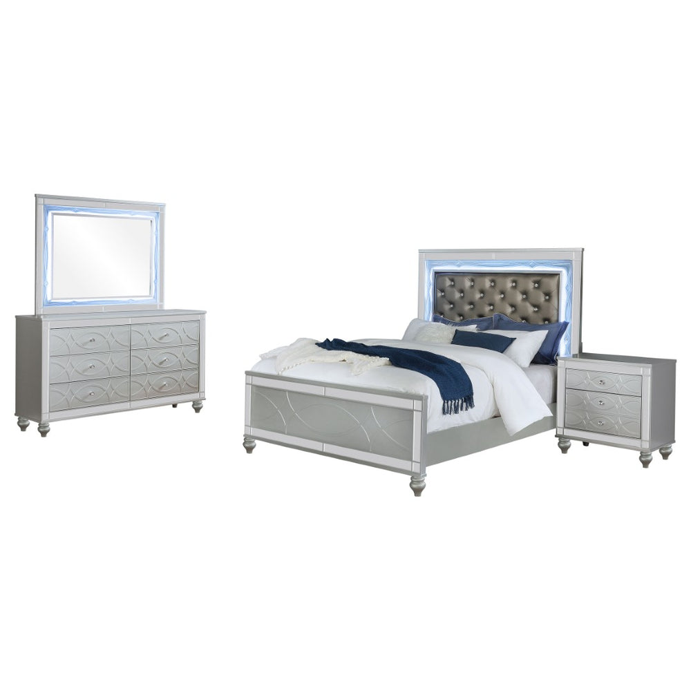 English Elm Arabesque Queen Bedroom Set with Led Tufted Headboard Mirrored Trim Crystal Hardware B062S01550