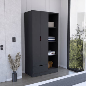 English Elm Memphis Wardrobe Armoire with Double Doors, Built-In Rod, Four Shelves & Spacious Lower Drawer Black 40 L x 23 W x 3 H B200S00286
