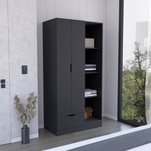 English Elm Memphis Wardrobe Armoire with Double Doors, Built-In Rod, Four Shelves & Spacious Lower Drawer Black 40 L x 23 W x 3 H B200S00286