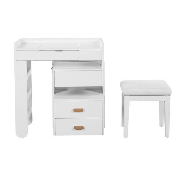 English Elm 3-in-1 Makeup Vanity Desk with Flip Mirror, LED 3-Color Lighting, Expandable Length & Ample Storage Drawers White N844P285298A