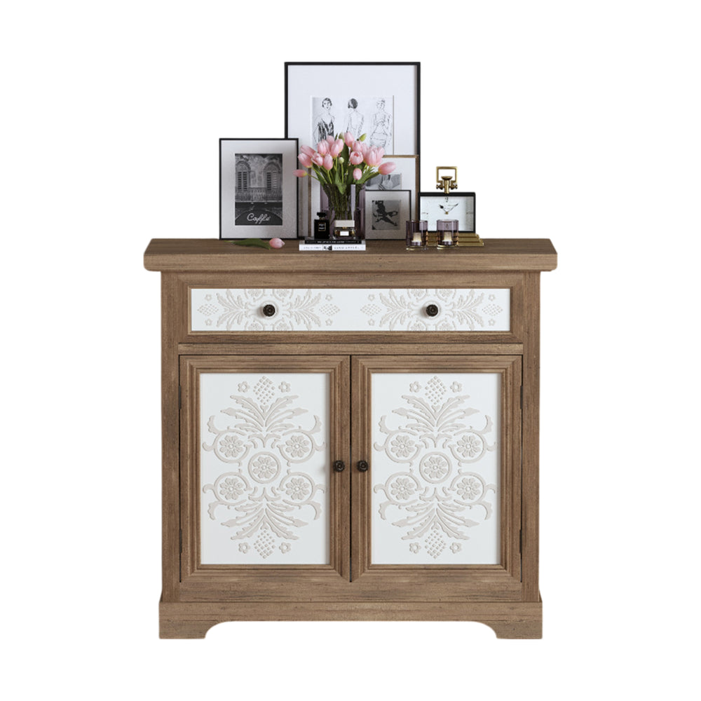 English Elm Rustic Boho Carved Accent Cabinet with Drawer & Removable Shelves, Distressed Sideboard Storage for Entryway W808P245579