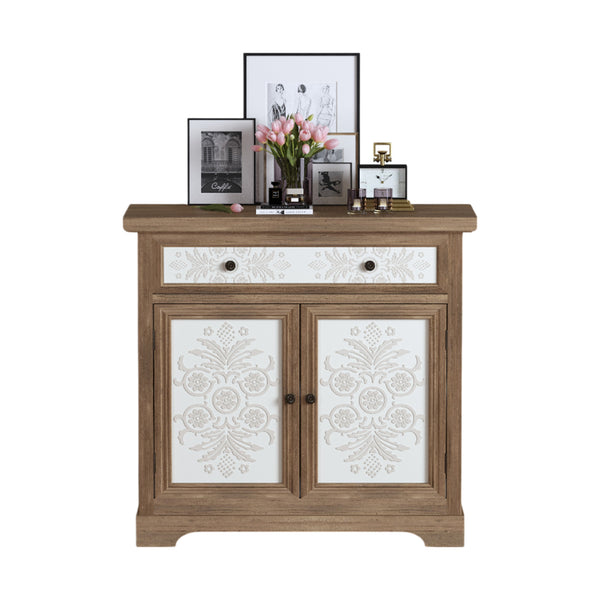 English Elm Rustic Boho Carved Accent Cabinet with Drawer & Removable Shelves, Distressed Sideboard Storage for Entryway W808P245579