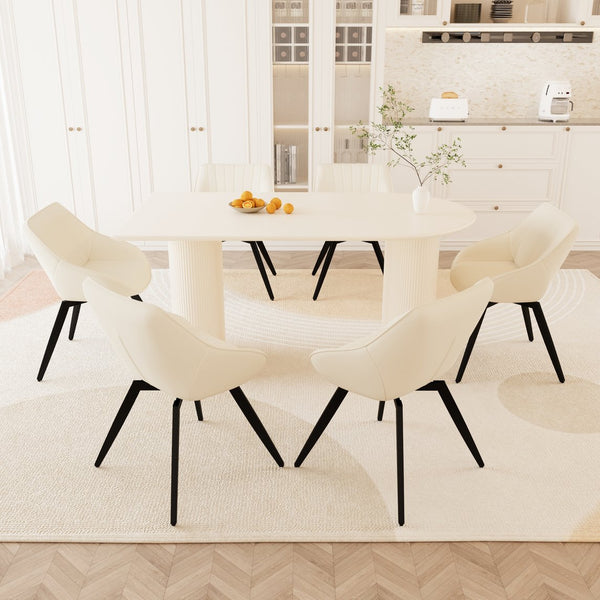 English Elm 63" Elegant Medieval Modern Cream Mdf Dining Table Set With 6 Beige Pu Chairs & Black Legs W2189S00762