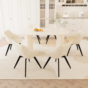English Elm 63" Cream Mdf Dining Table and Six Beige Pu Chair Set with Sculpted Legs W2189S00848