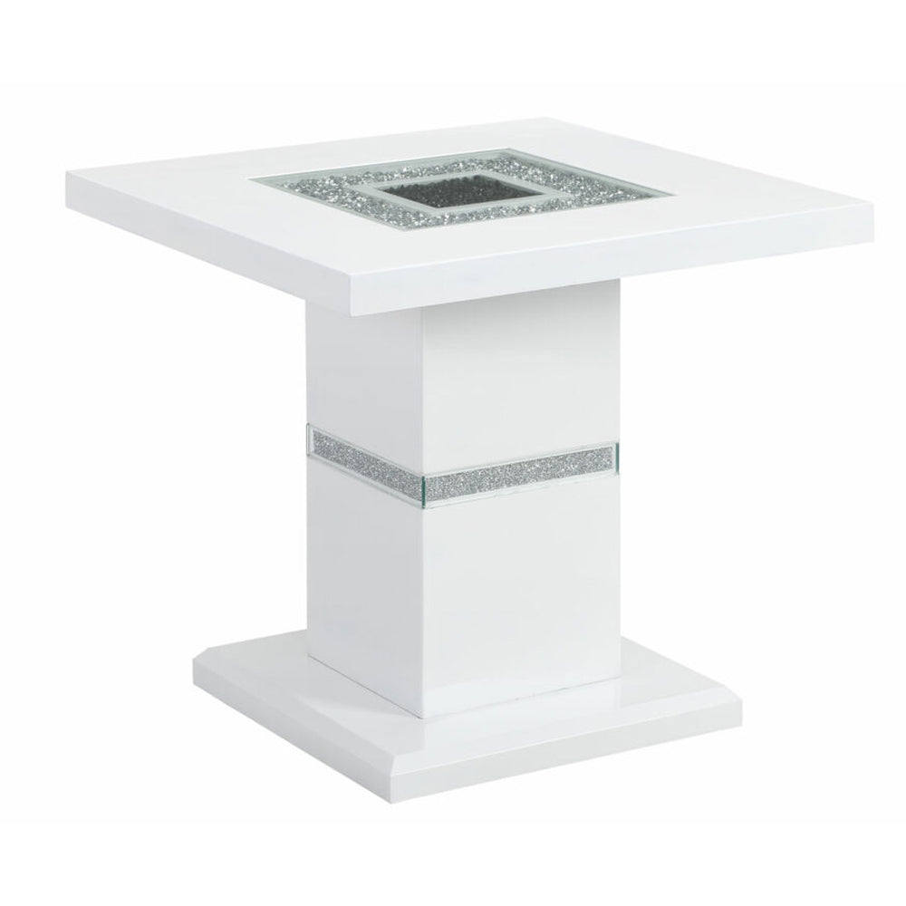 English Elm ARIYA White End Table with High Gloss Finish, Solid Wood & Glass Inlay, Contemporary Glitter Accent B201S00390