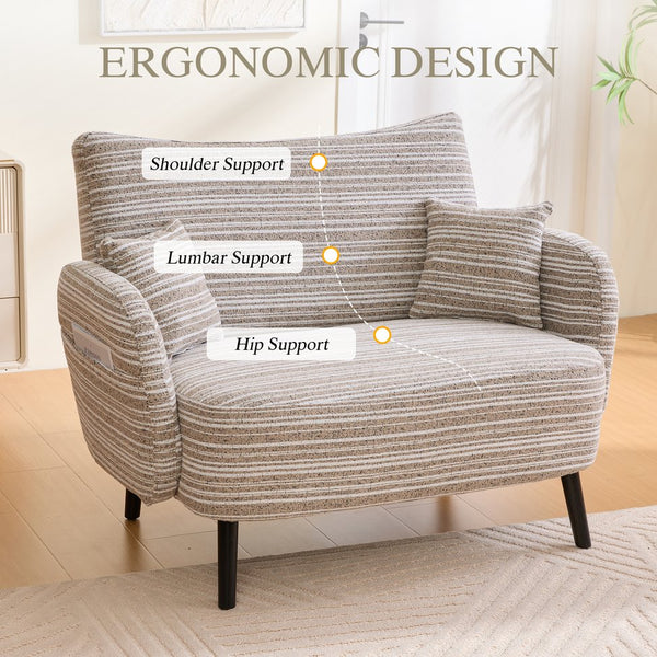 English Elm Modern tufted two-seater sofa with boucle upholstery, tapered legs, storage pockets, cozy compact design khaki W395P376587