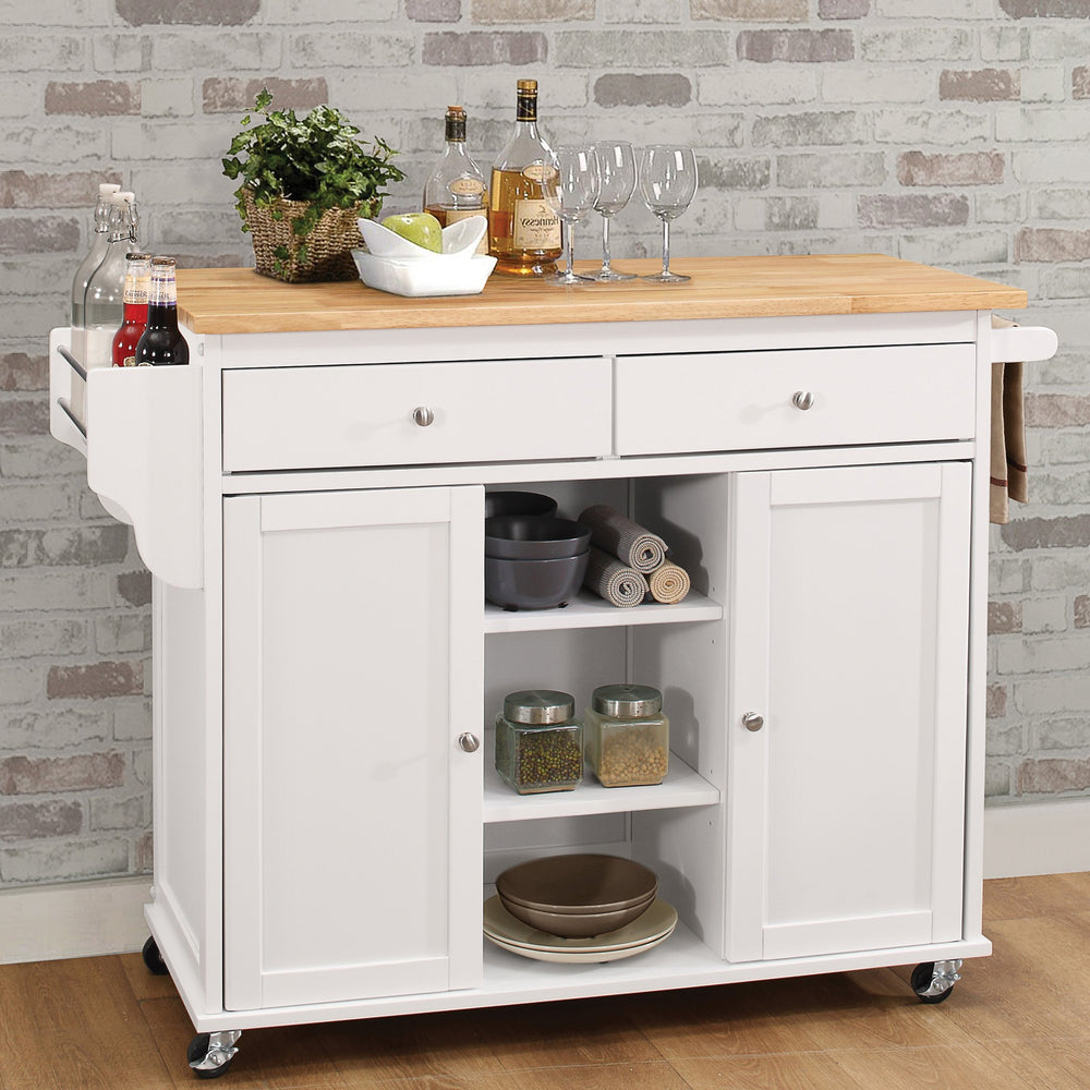 English Elm Natural 2-Door Kitchen Cart with Drawers, Casters & Open Shelves — Rustic White Top Storage Organizer, Versatile Utility for Utensils, Linens & Appliances (47" W x 34" H) B062P209305
