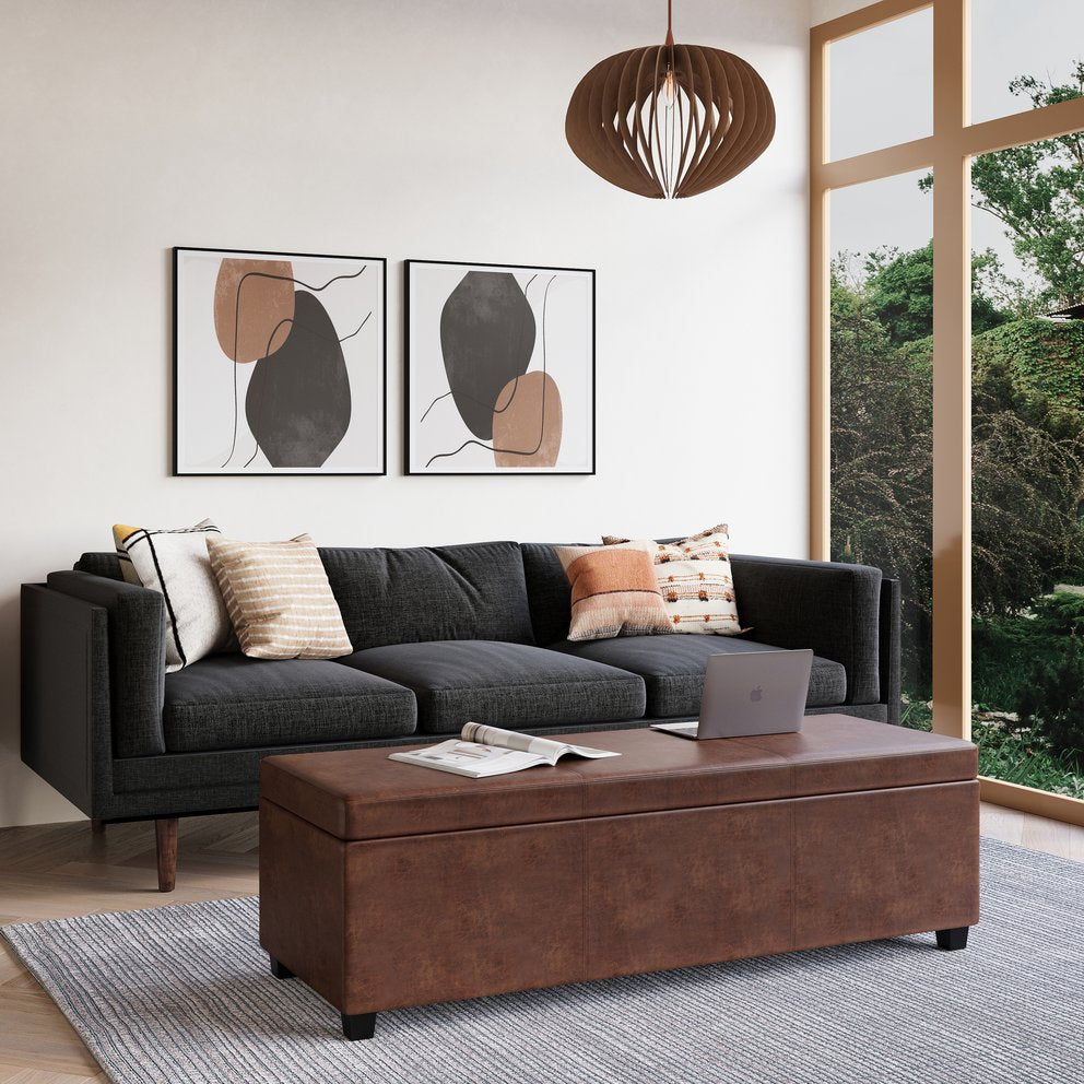 English Elm Lincoln Extra Large Storage Ottoman Bench with Distressed Saddle Brown Vegan Leather, 54" Wide, Stitched Design, Child-Safe Hinge B2732P253623