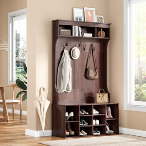 English Elm 70.9 Inch Freestanding Hall Tree with Bench Shoe Cubbies and 7 Hooks for Entryway Dark Walnut T3623P434554
