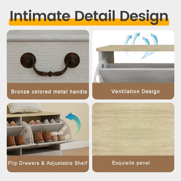 English Elm Shoe Storage Bench With Elegant Antique White Finish, 2 Flip Drawers & Adjustable Shelf For Versatility W1120P290636-GIGA