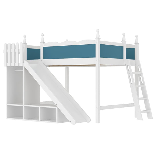 English Elm Twin Loft Bed Solid Pine Frame with Wardrobe Shelving Detachable Slide Kids Room White+Blue W5305S00024