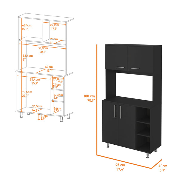 English Elm Colorado Pantry Cabinet with Hutch and Bottom Cabinet, Three Open Shelves, Spacious 37" Prep Surface Black 42 L x 21 W x 5 H B128S00134