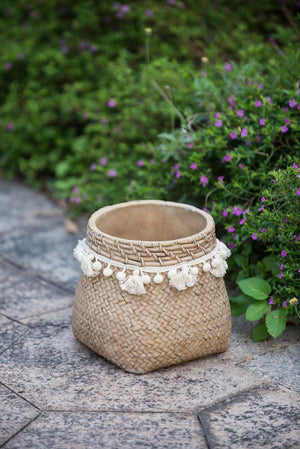 English Elm Set Of 2 Stylish 6.5" Brown Cement Planters With Woven Tassels - Perfect For Small Plants & Decor! W2078P326608-GIGA