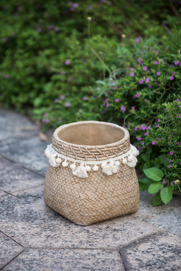 English Elm Set Of 2 Stylish 6.5" Brown Cement Planters With Woven Tassels - Perfect For Small Plants & Decor! W2078P326608-GIGA