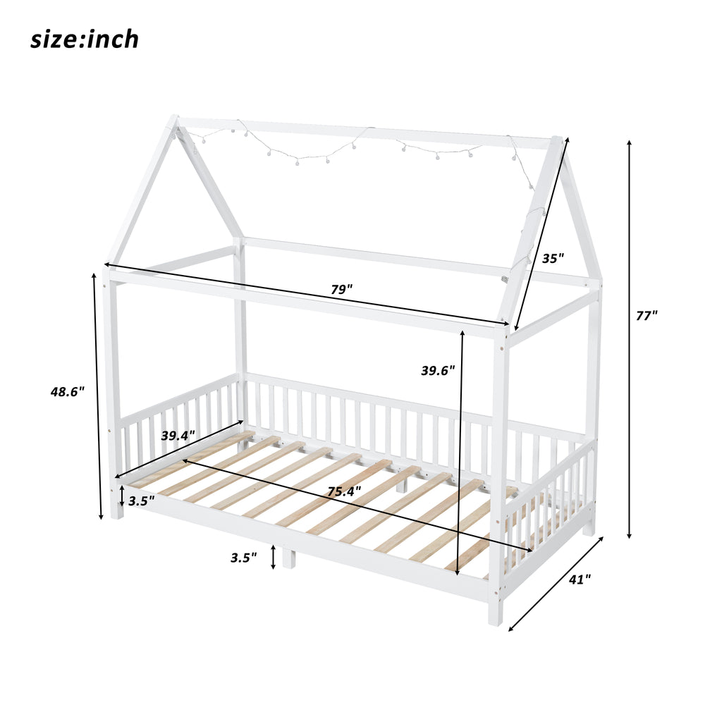 English Elm Wood Twin Size House Bed with Guardrail, Built-In LED Lights, Sturdy Pine Frame for Safe Sleep N709P177522K