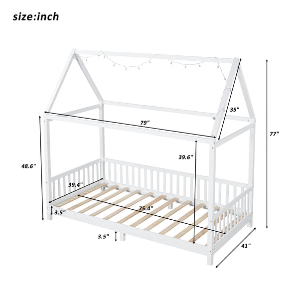 English Elm Wood Twin Size House Bed with Guardrail, Built-In LED Lights, Sturdy Pine Frame for Safe Sleep N709P177522K