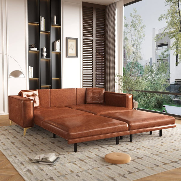 English Elm 92.1"king Faux Leather Convertible Sleeper Sofa Tufted 4 Seat Pull Out Living Room Couch Light Brown W1885S00408