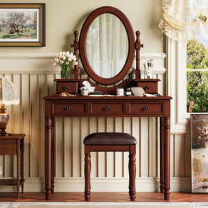 English Elm Vanity Vintage Wooden Makeup Desk with 180° Adjustable Mirror, 5 Velvet‑Lined Drawers & Cushioned Stool Walnut 52.7 L x 22.5 W x 11 H N733P305139D