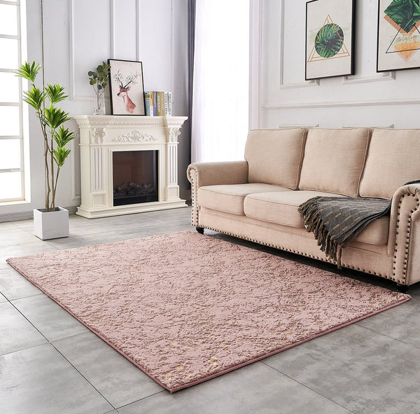 English Elm Luxury Dust Pink Faux Fur Area Rug With Gold Accents, Machine Washable, Anti-Slip Backing - 49" L B030P233672
