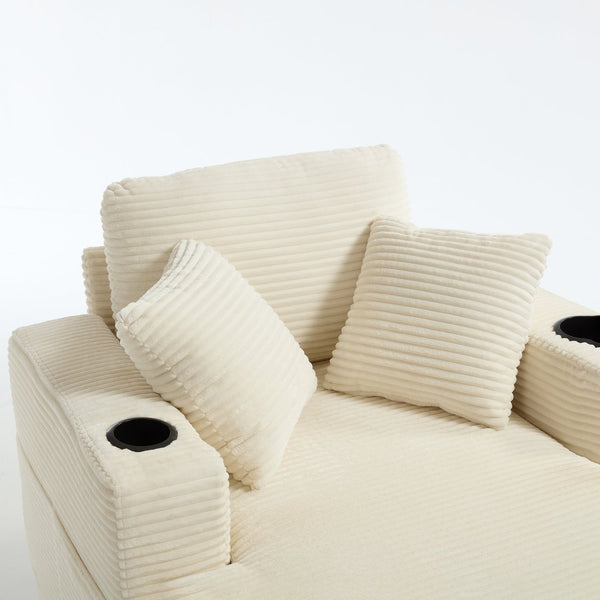 English Elm [New]Corduroy Chaise Lounge Sofa with Cup Holders,Detachable Cushions,Deep SeatMagazine Bag Beige W2120P322752