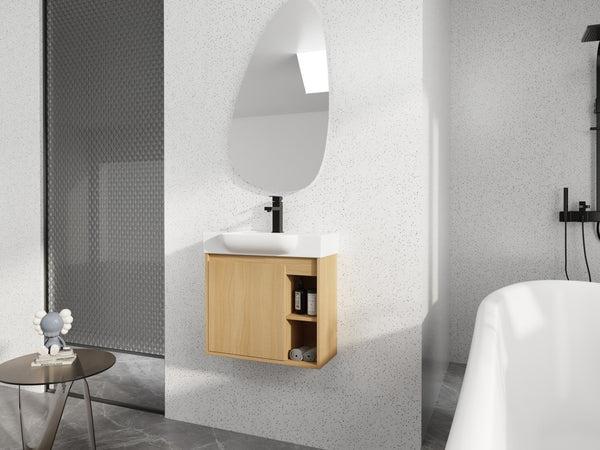 English Elm 24'' Floating Wall Mounted Bathroom Vanity with Ceramic Sink and Soft Close Cabinet Light Oak W999P426633