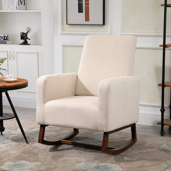 English Elm HOMCOM Modern Linen Accent Rocking Chair with Solid Curved Wood Base, Padded Seat, Cream White W2225P217426