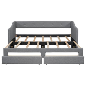 English Elm Twin XL Upholstered Daybed with Two Drawers — Convertible King Sofa Bed, Buttoned Back, Linen Upholstery Gray DL002056AAE