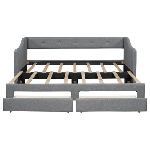 English Elm Twin XL Upholstered Daybed with Two Drawers — Convertible King Sofa Bed, Buttoned Back, Linen Upholstery Gray DL002056AAE