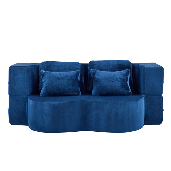 English Elm Queen Foldable Sofa Bed with Plush Chenille Cover, High-Density Foam Convertible Futon for Living Room Guest Room Bedroom Blue W1829P348211