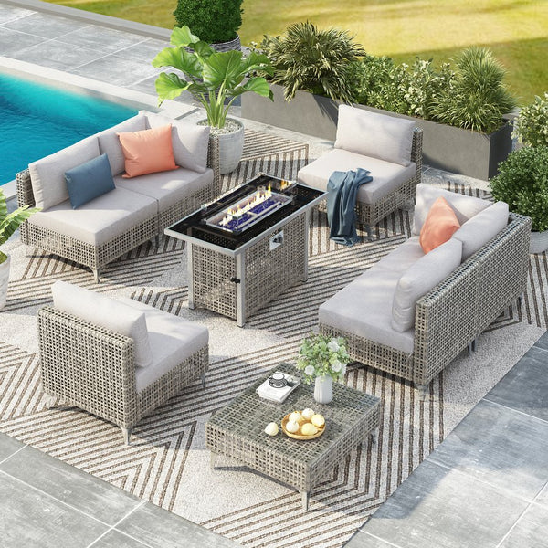 English Elm K&K 8-Piece Patio Conversation Set with 43" 60,000 BTU Propane Fire Pit, UV Wicker & Thick Cushions Grey N707S000012G