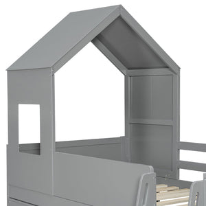 English Elm Twin House Loft Bed with Pull Out Rolling Desk Stair Drawers and Cabinet Storage Gray N820S00072E
