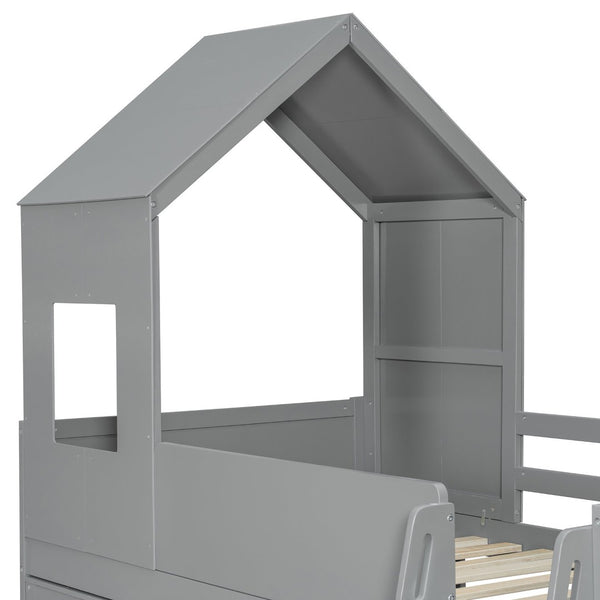 English Elm Twin House Loft Bed with Pull Out Rolling Desk Stair Drawers and Cabinet Storage Gray N820S00072E