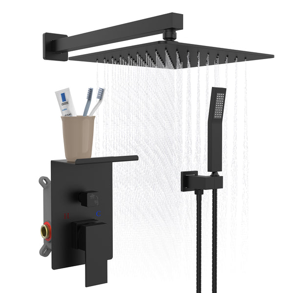 English Elm Rainfall Luxury Shower System with 10" Square Head, High-Pressure Rain + Handheld and Storage Rack Matte Black T3177P269148