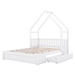 English Elm Wood Queen Size House Platform Bed with Guardrail and 2 Drawers — Charming Kids’ Playful Storage Bedframe White GX000726AAK
