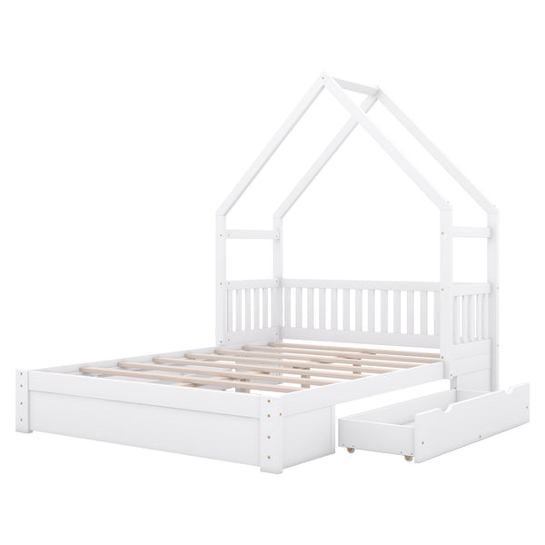 English Elm Wood Queen Size House Platform Bed with Guardrail and 2 Drawers — Charming Kids’ Playful Storage Bedframe White GX000726AAK