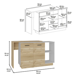 English Elm Kitchen Island With Double Door Cabinets, Two Open Shelves, Modern White & Light Oak Design Upgrade B097S00156