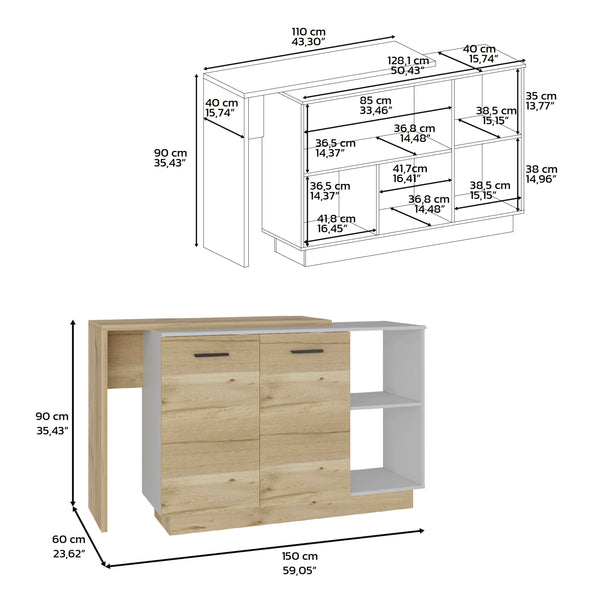 English Elm Kitchen Island With Double Door Cabinets, Two Open Shelves, Modern White & Light Oak Design Upgrade B097S00156