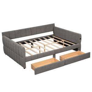 English Elm Queen Lambswool Platform Bed with Usb Charging Armrests and Under Storage Drawers Gray N7500000601E