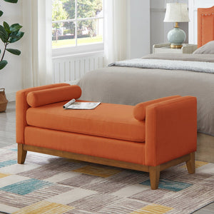 English Elm Large Boucle Upholstered Window Bench with Armrests and Throw Pillows for Entryway Orange W2186P454319