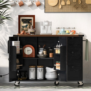 English Elm K&K 54.5" Farmhouse Kitchen Island with Drop Leaf, Built-In Power Station, Rolling Storage Cart Black N707P170349B