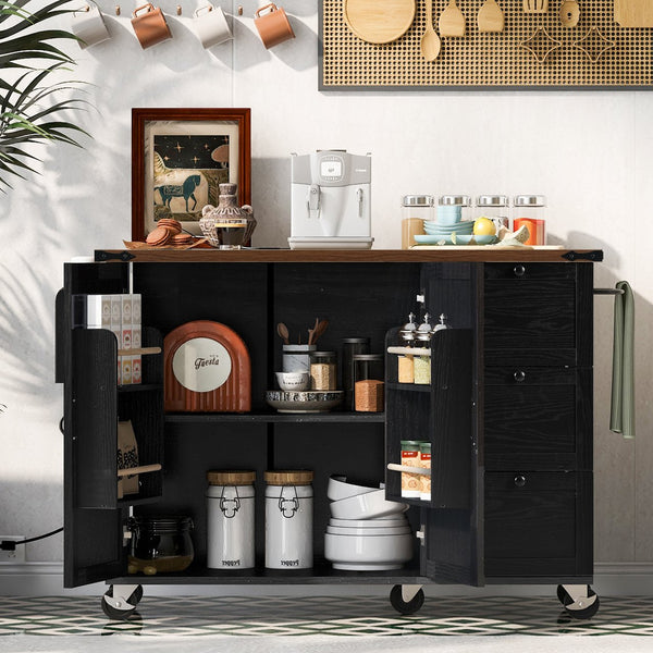 English Elm K&K 54.5" Farmhouse Kitchen Island with Drop Leaf, Built-In Power Station, Rolling Storage Cart Black N707P170349B