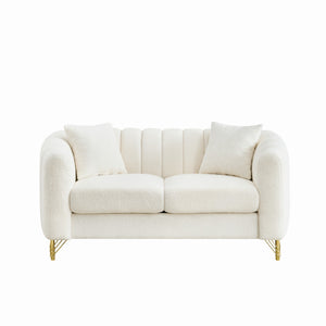 English Elm 63" Chenille Loveseat Sofa Luxury 2-Seater Deep Tufted Couch with Gold Metal Legs and Pillows Beige W3373S00036