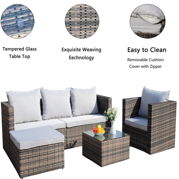 English Elm Outdoor Garden Patio Furniture Set - 4-Piece Pe Rattan Wicker Sofa, Cushions & Glass Table W209S00020-GIGA