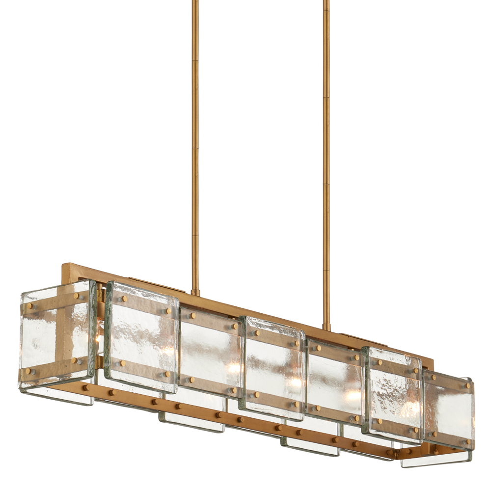 Countervail Rectangular Chandelier - Unique Handcrafted Cast Glass & Antique Brass Design, 6 Lights