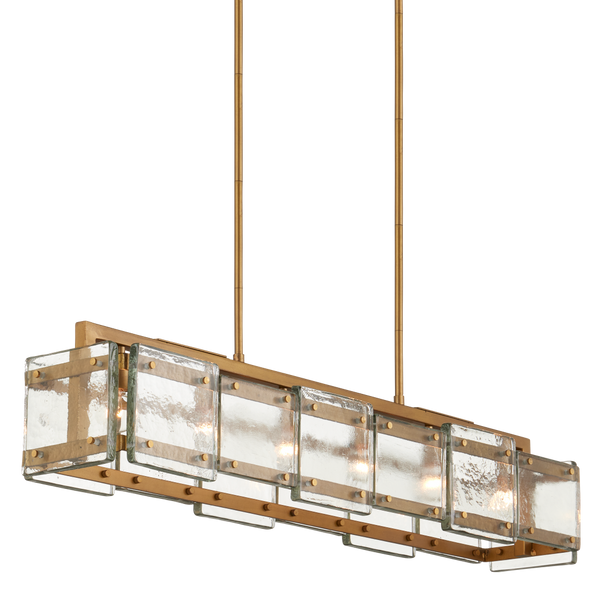 Countervail Rectangular Chandelier - Unique Handcrafted Cast Glass & Antique Brass Design, 6 Lights