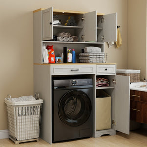 English Elm Over Washer Dryer Laundry Cabinet with Basket Drawer Adjustable Shelves Antique White W1120P338184
