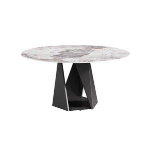 English Elm 59.05" Round Marble Dining Table With Sturdy Black Iron Base For 6-8 People - Modern Elegance W1535S00467