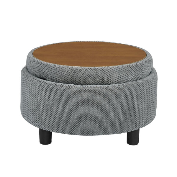 English Elm 25 Inch Round Fabric Pouf Ottoman with Removable Wooden Lid and Hidden Interior Storage Light Grey W5568P461344